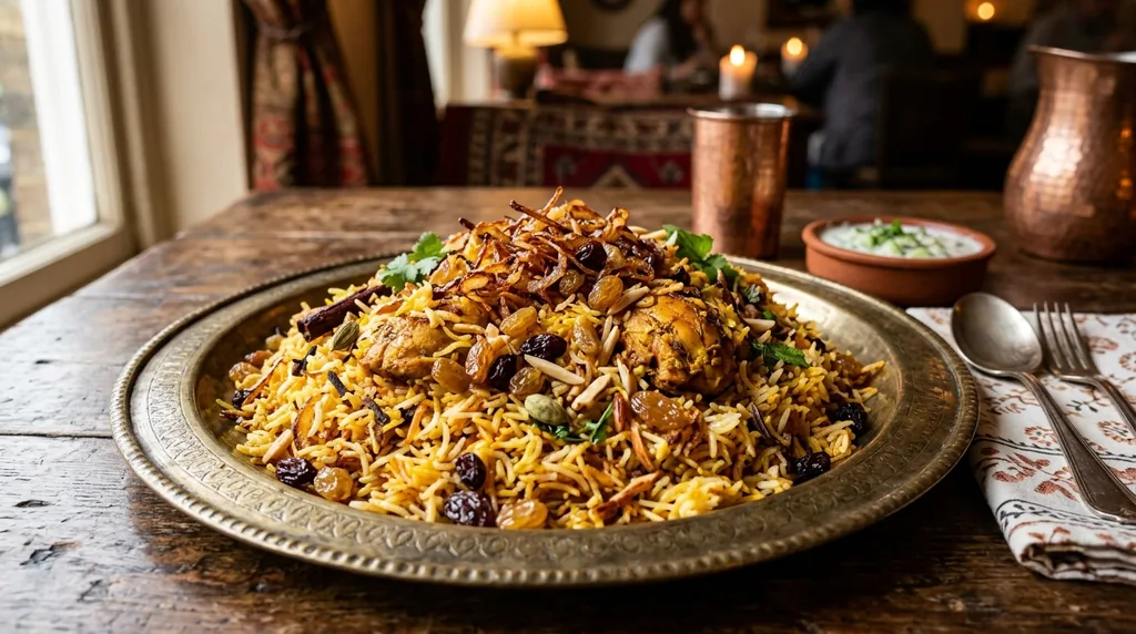 Mandi platter of golden rice topped with fried onions and raisins, ready for takeaway